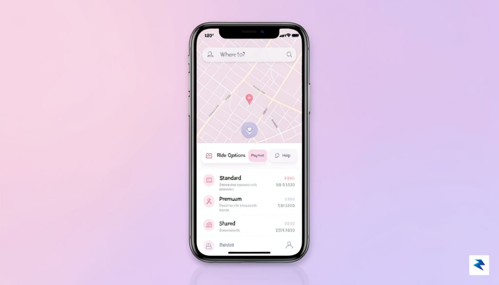 A sleek, modern smartphone screen showing a clean, user-friendly ride-sharing&hellip;