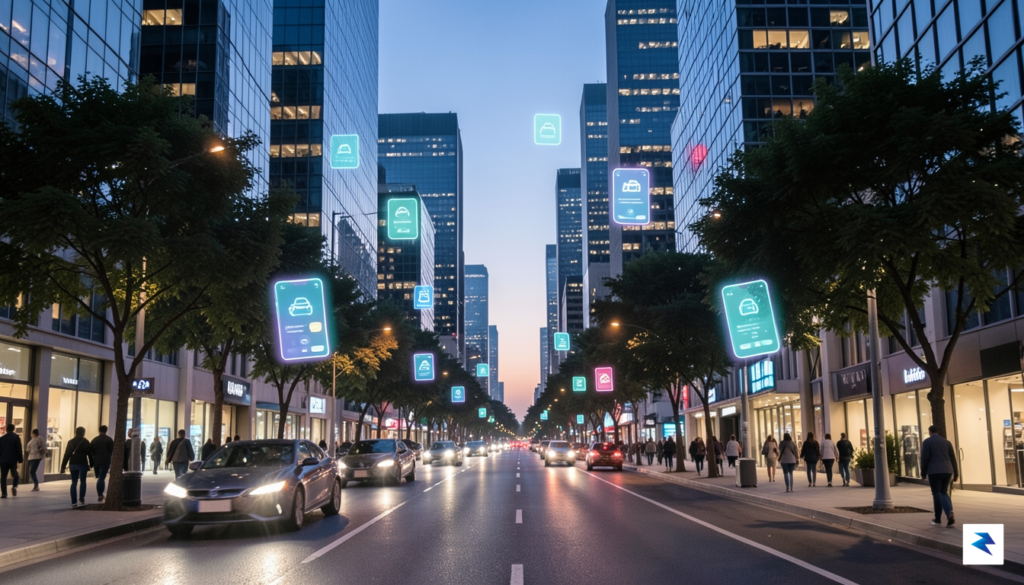 A modern, sleek city street at twilight with glowing smartphone&hellip;