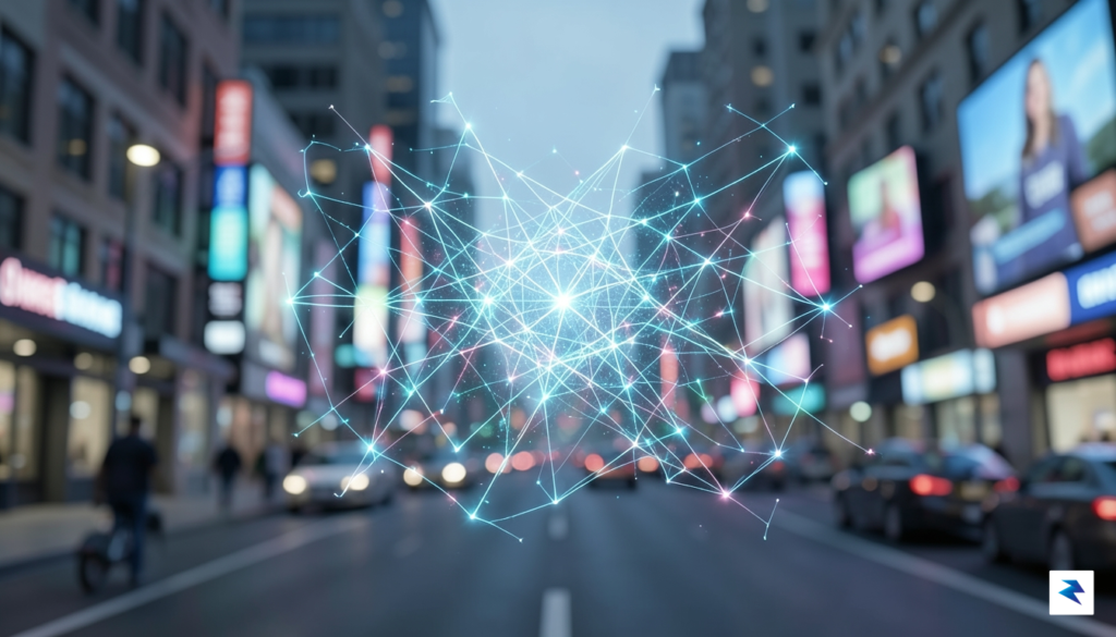 A conceptual digital illustration showing a translucent, glowing neural network…