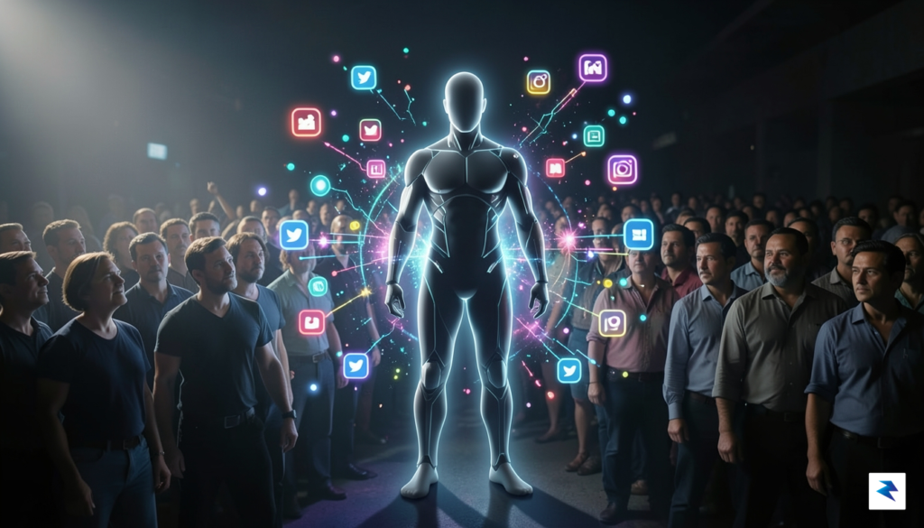 A conceptual illustration showing a digital silhouette of a person…