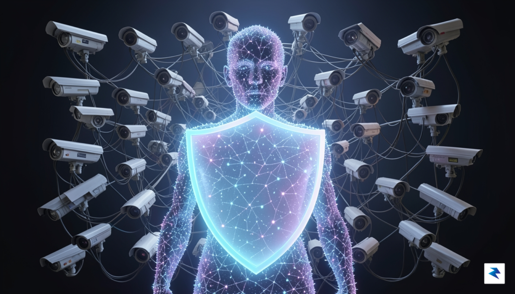 A conceptual digital art piece showing a human silhouette composed…