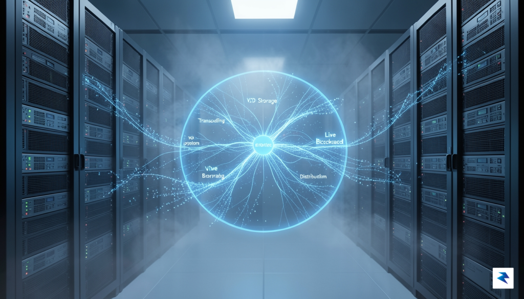 A sleek, high-tech server room visualization with glowing data streams&hellip;