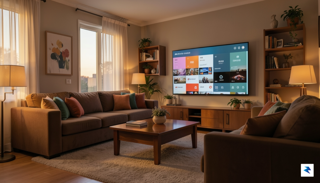 A cinematic, high-resolution shot of a living room at dusk&hellip;