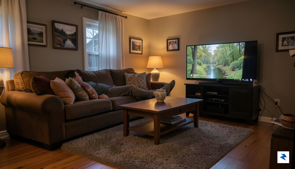 A cozy living room at twilight with a soft, warm&hellip;