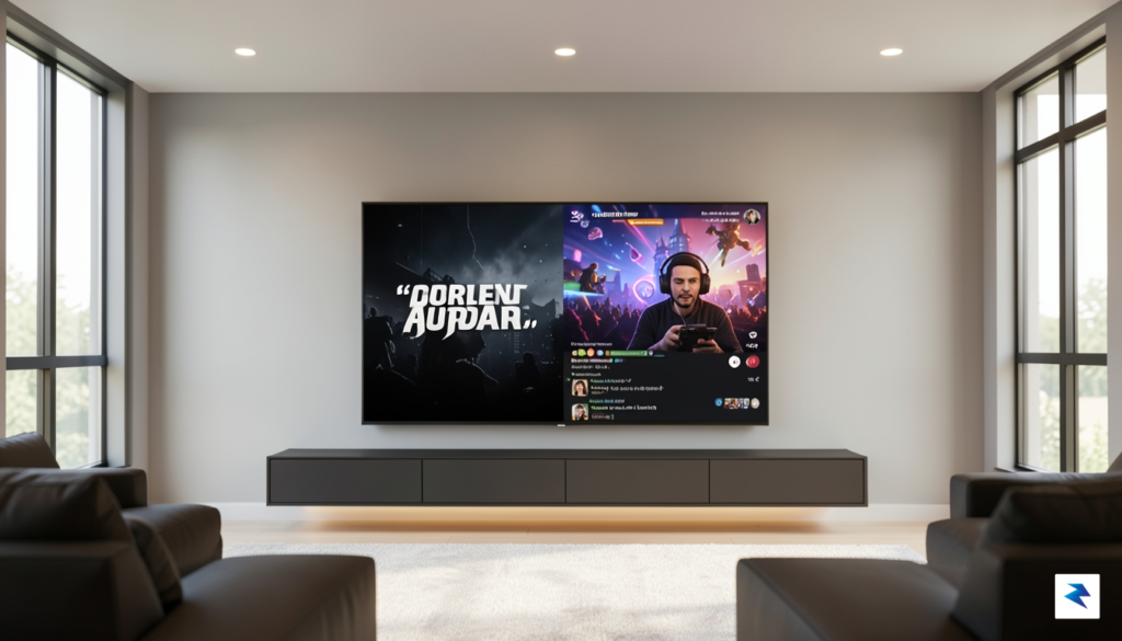A sleek, modern living room television screen displaying a split&hellip;