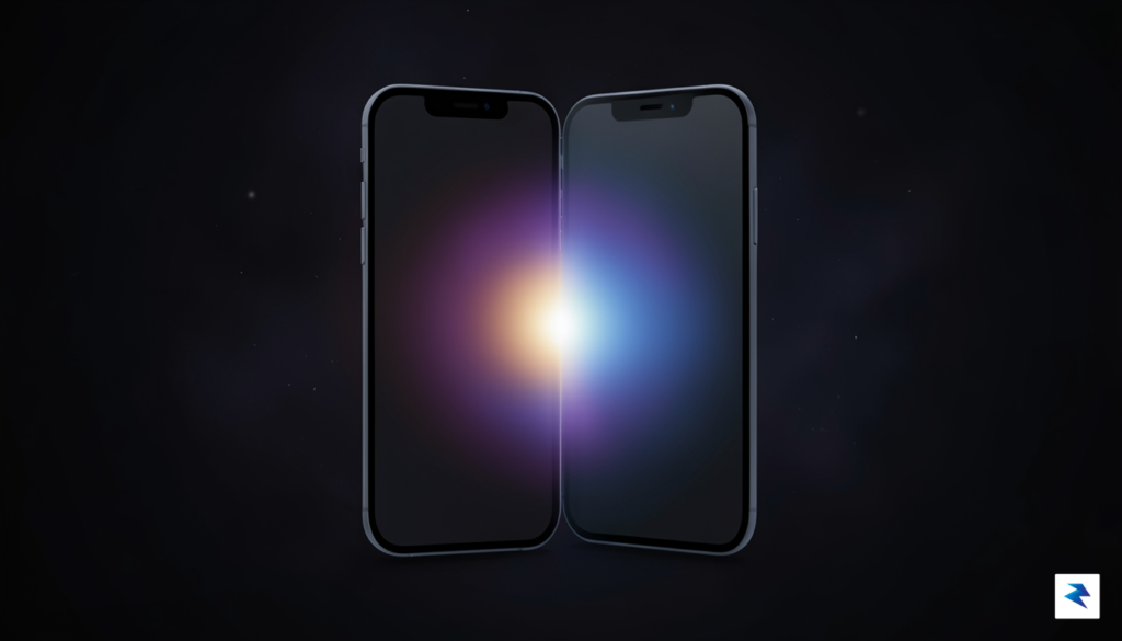 A conceptual digital illustration showing two stylized smartphone silhouettes merging&hellip;
