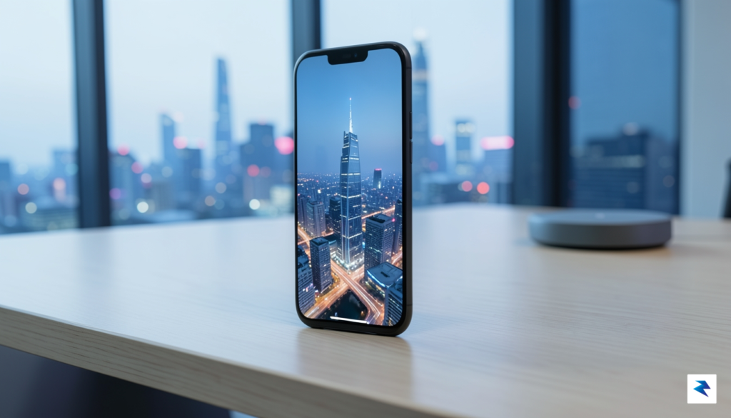 A high-end, sleek OnePlus smartphone resting on a minimalist desk&hellip;