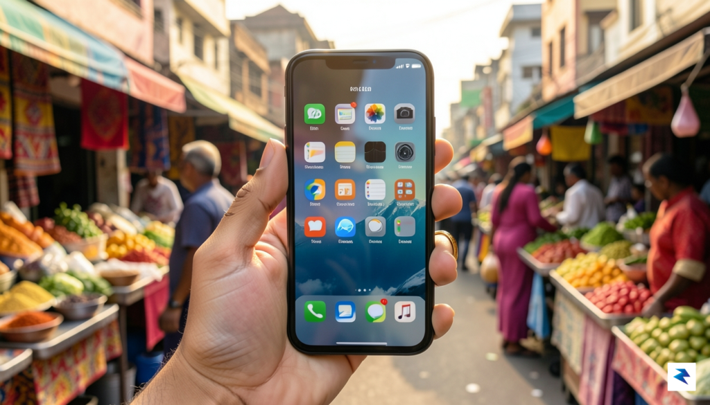A sleek, modern smartphone held by a hand against a…
