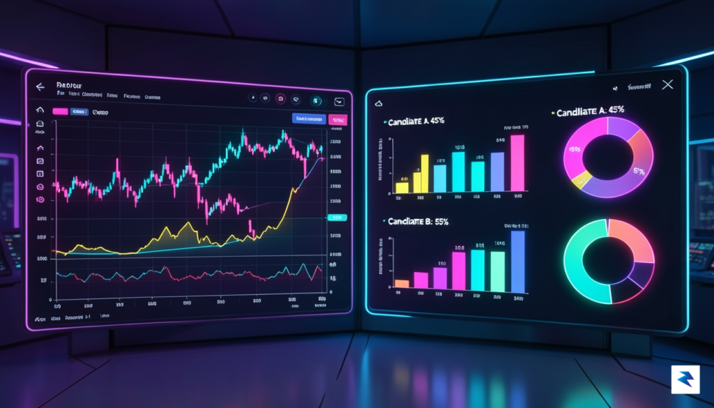 A digital interface showing a vibrant, neon-colored stock market dashboard…