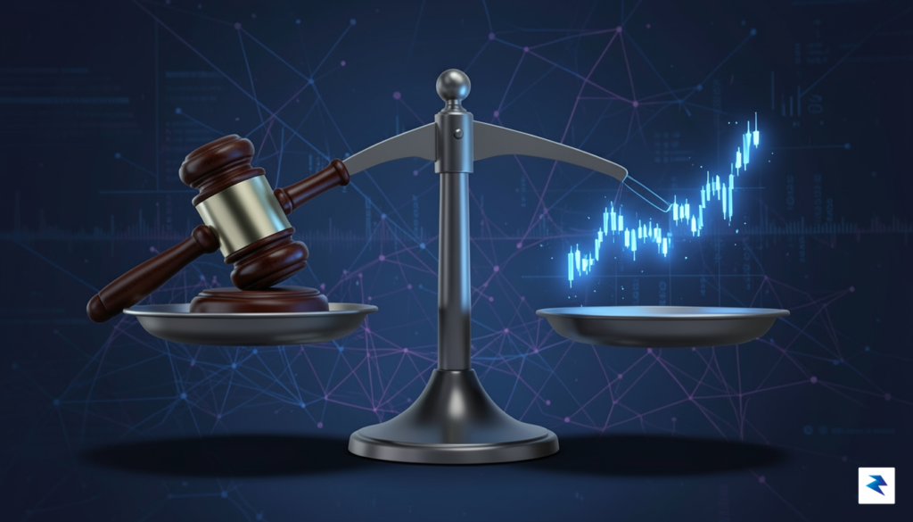 A digital conceptual illustration showing a scale balancing a gavel…