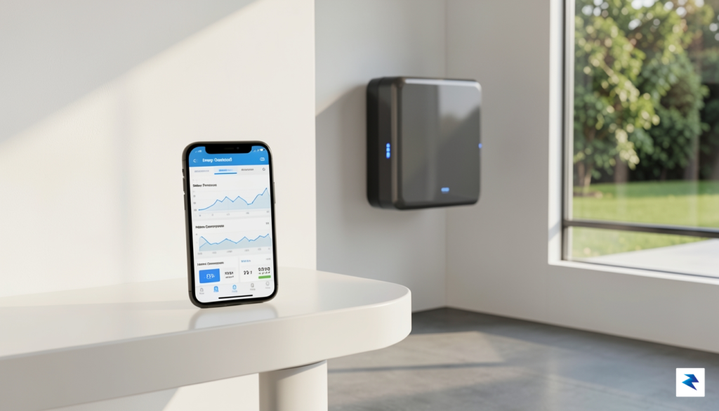 A modern home interior showing a digital energy management dashboard&hellip;