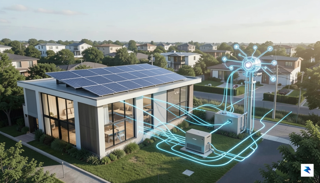 A conceptual illustration showing a modern smart home connected to&hellip;