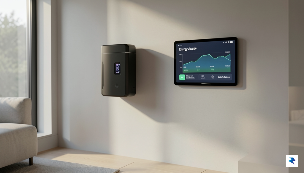 A modern home interior showing a sleek wall-mounted lithium-ion battery&hellip;