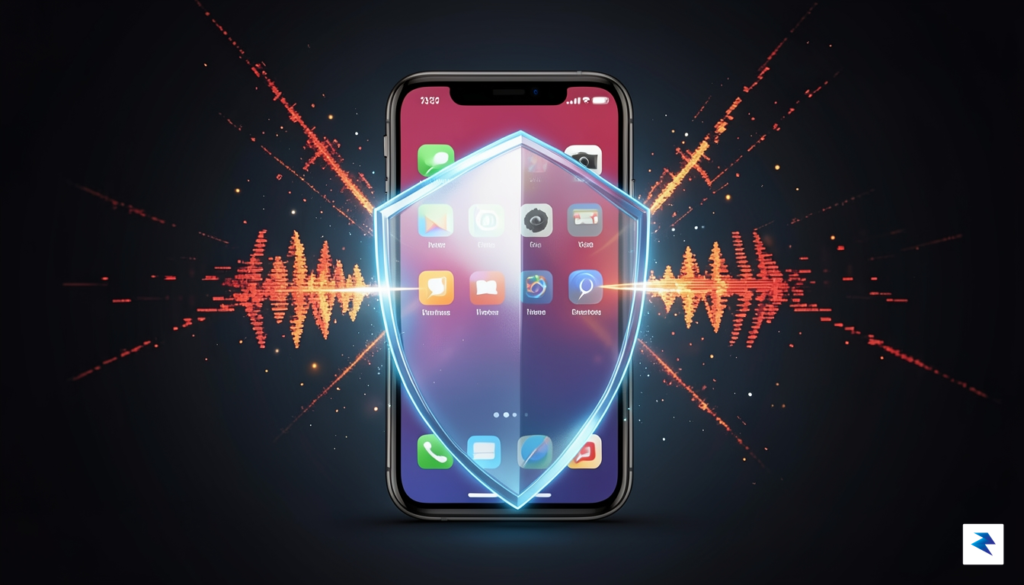 A conceptual digital security illustration showing a glowing shield protecting…