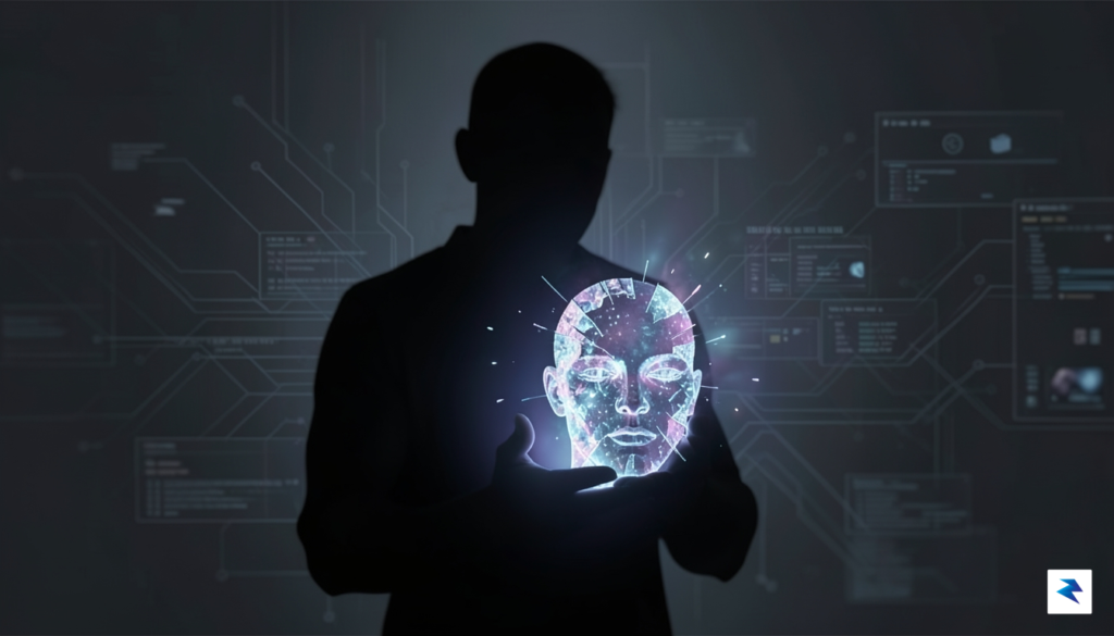 A conceptual digital art piece showing a shadowy silhouette holding…