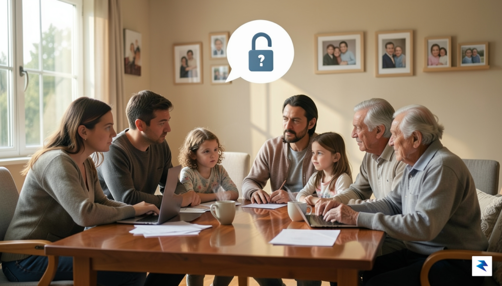 A diverse family group (parents, children, grandparents) gathered around a…