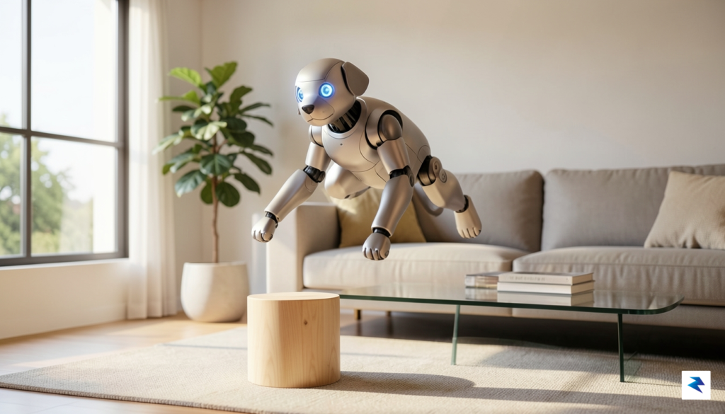 A sophisticated, compact four-legged robot dog playfully leaping over a&hellip;