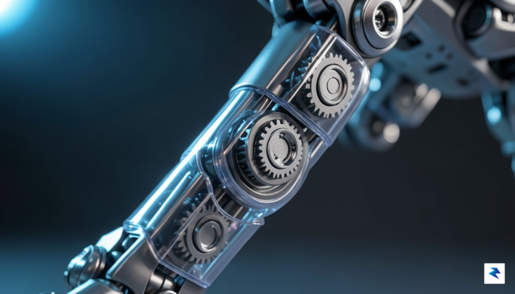 A close-up of Beni robot dog's articulated leg joint, showing&hellip;