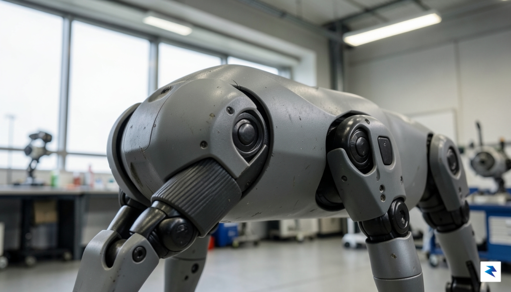 A close-up shot of the robotic dog's reinforced composite chassis,&hellip;