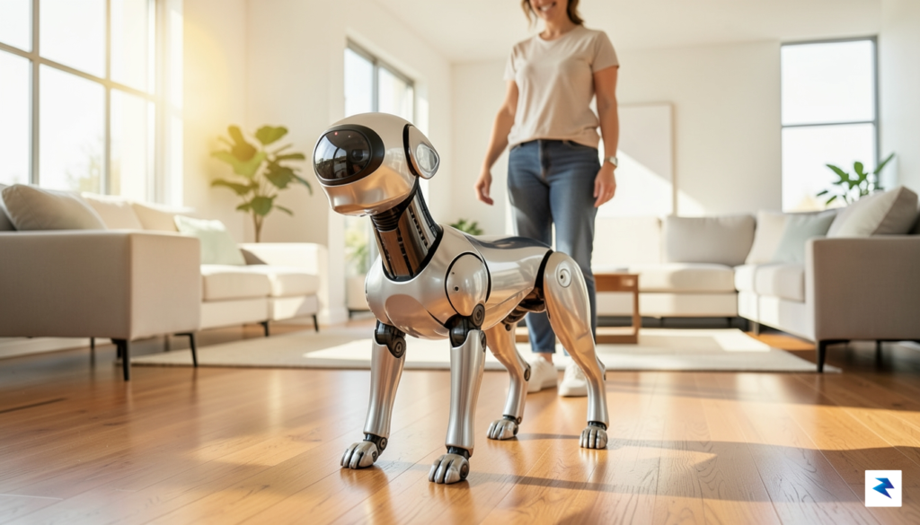 A sleek, modern robotic dog with a camera lens integrated&hellip;