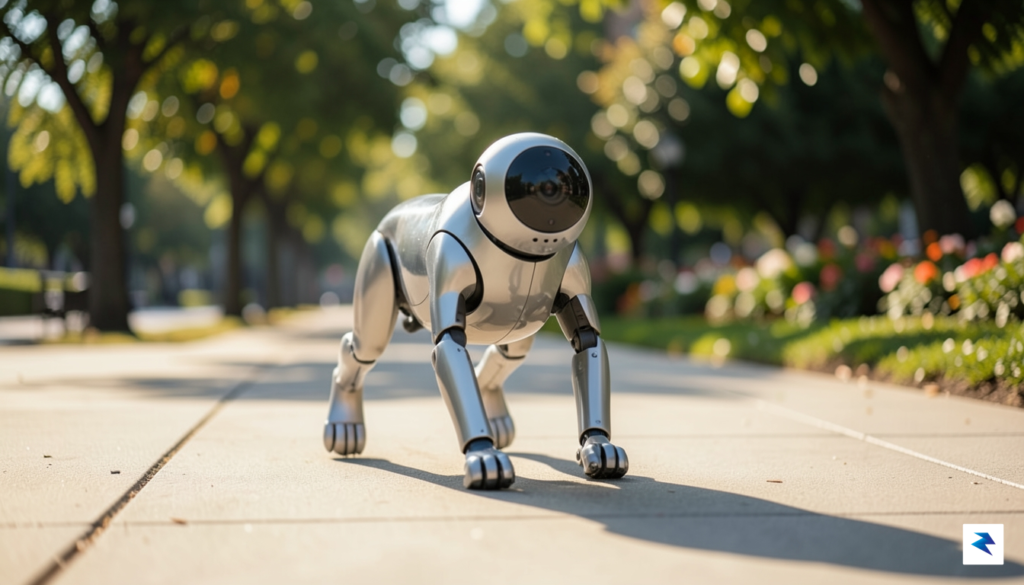 A low-angle shot of a sleek, four-legged robotic dog walking&hellip;