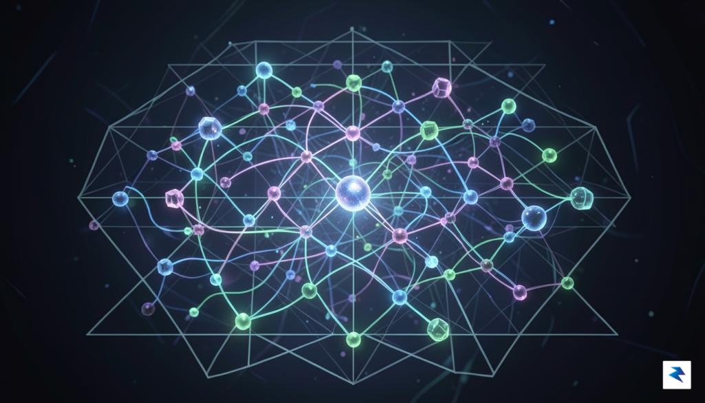 A conceptual digital illustration showing a complex network of interconnected…