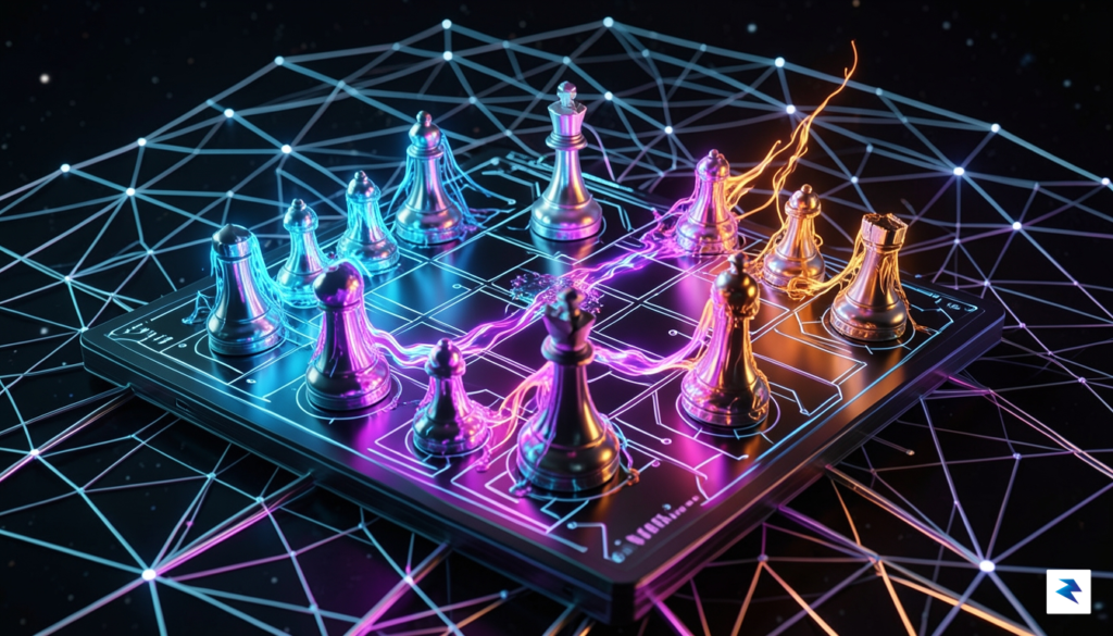 A conceptual illustration showing a digital chessboard where the pieces…