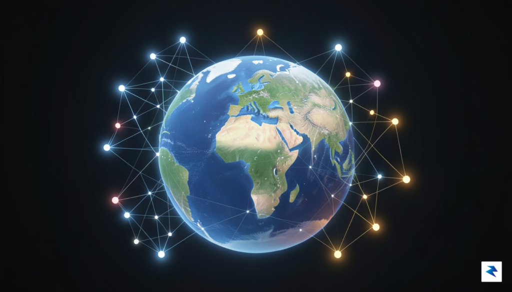 A conceptual digital illustration showing a globe surrounded by interconnected,…