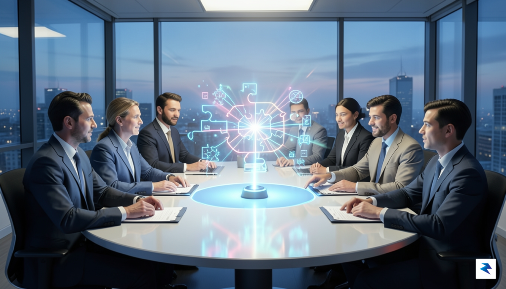 A conceptual illustration showing global leaders and tech engineers sitting…