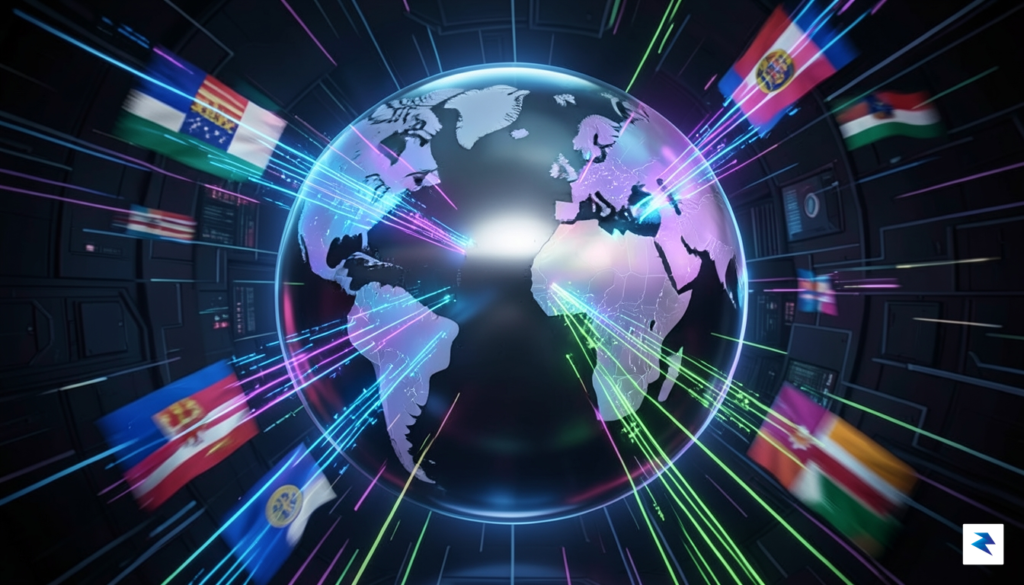 A stylized globe with data streams converging on various national…