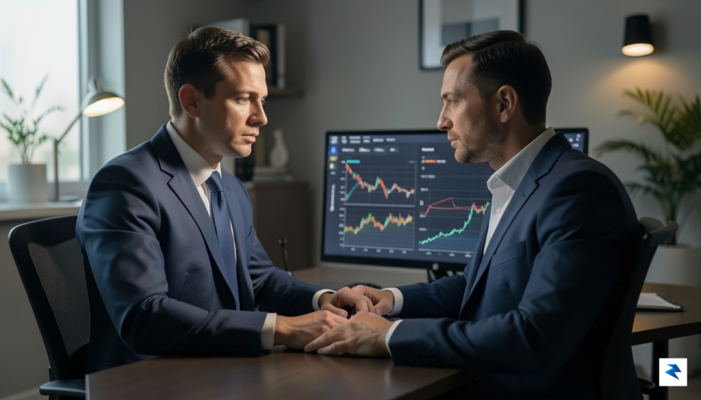 A calm, professional investor looking at a diversified dashboard of…