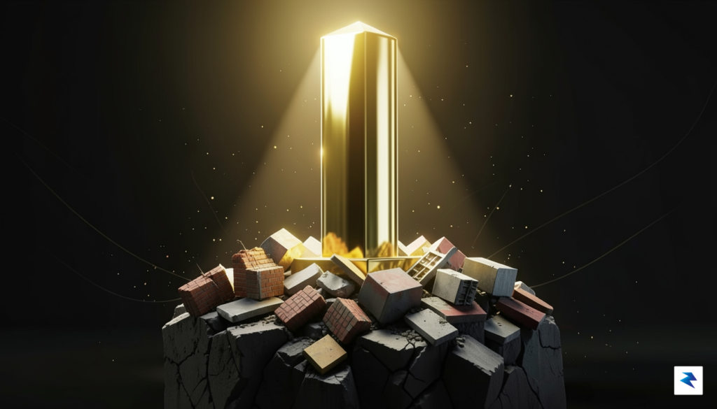 A conceptual digital visualization showing a massive, glowing golden pillar…