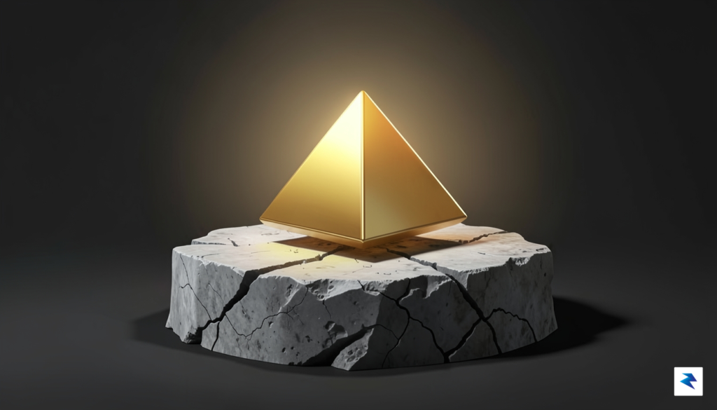 A conceptual digital illustration showing a small, glowing golden pyramid…
