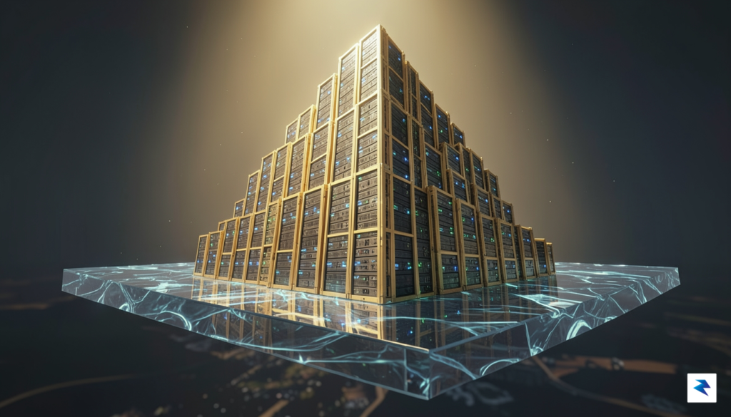 A conceptual digital illustration showing a golden mountain of server…