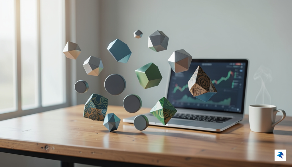 A digital visualization of a balanced financial portfolio, featuring a…