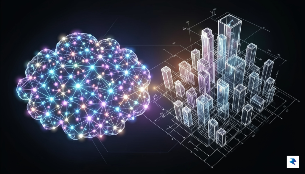 A conceptual digital illustration showing a complex network of data…