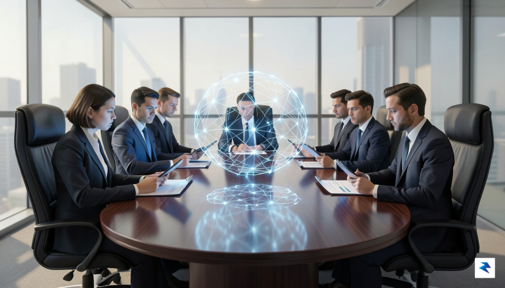 A conceptual digital illustration showing a modern boardroom table where…