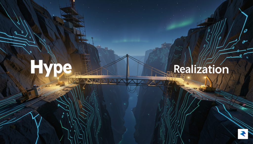 A conceptual digital art piece showing a bridge being built…