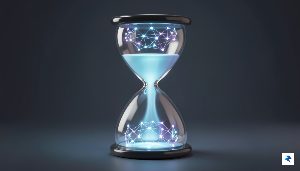 A conceptual image showing a sleek, transparent digital hourglass where…