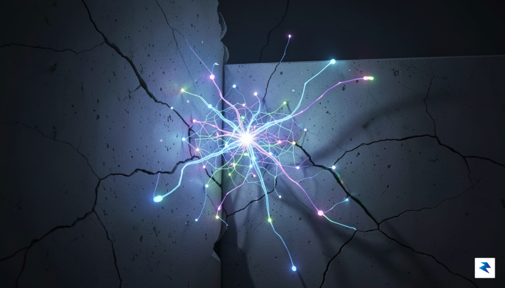 A digital illustration showing a glowing, complex AI neural network…
