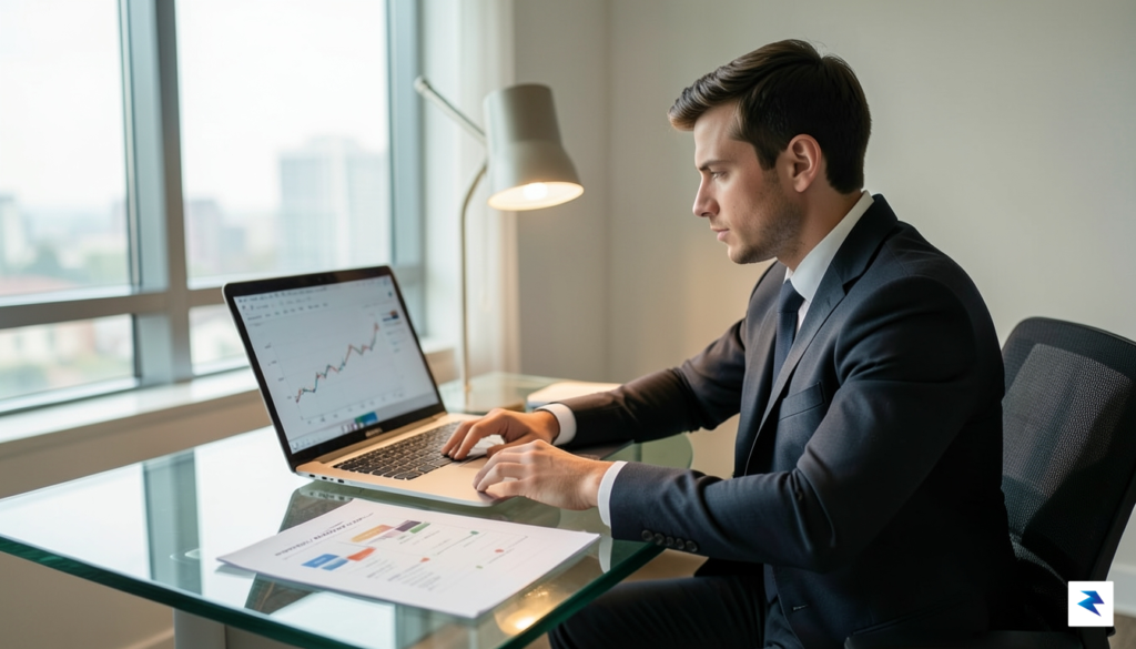 A clean, professional workspace showing a founder reviewing financial charts…