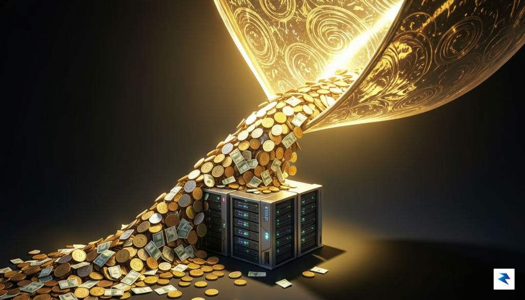 A digital illustration depicting a massive, glowing golden funnel pouring…