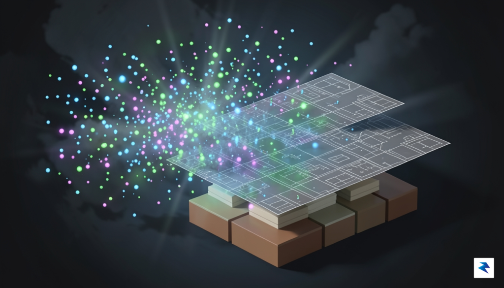 A conceptual digital illustration showing a chaotic, glowing storm of…
