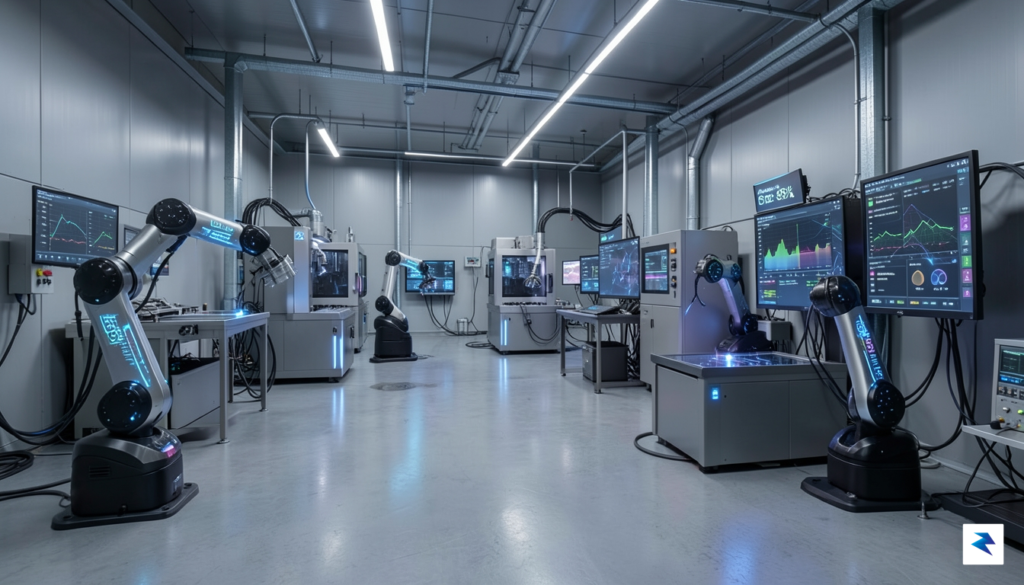 A modern, high-tech manufacturing facility floor with digital overlays indicating…