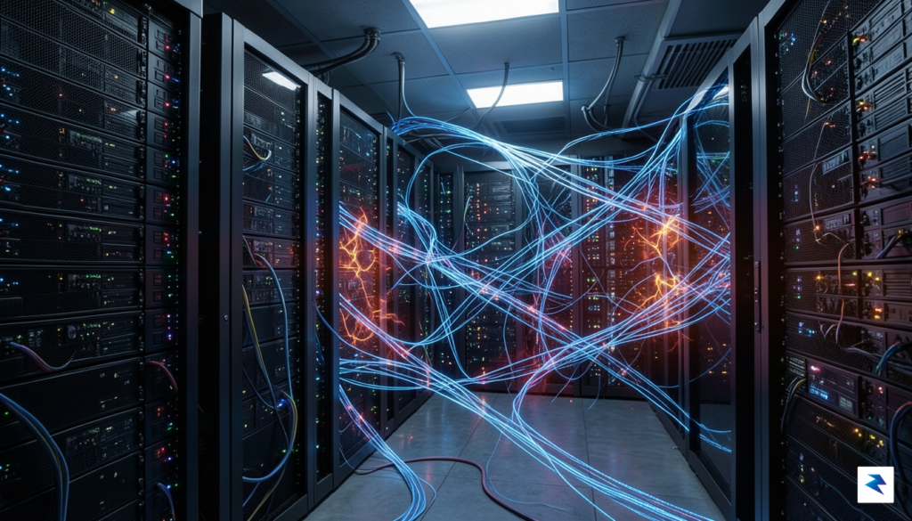 A conceptual visualization of a data center server room with&hellip;