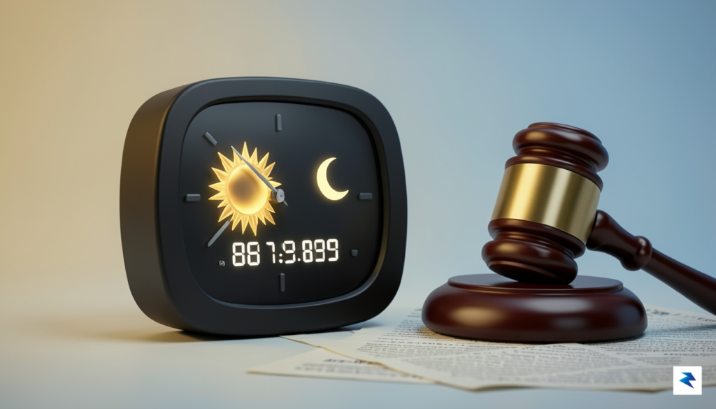 A conceptual illustration showing a digital clock with the sun…