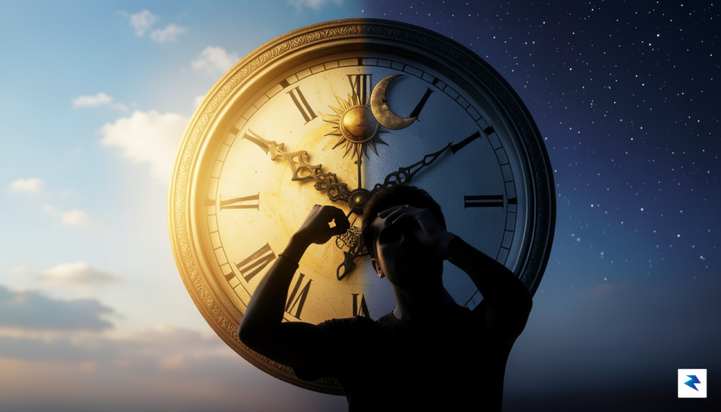 A conceptual digital illustration showing a clock face transitioning from…