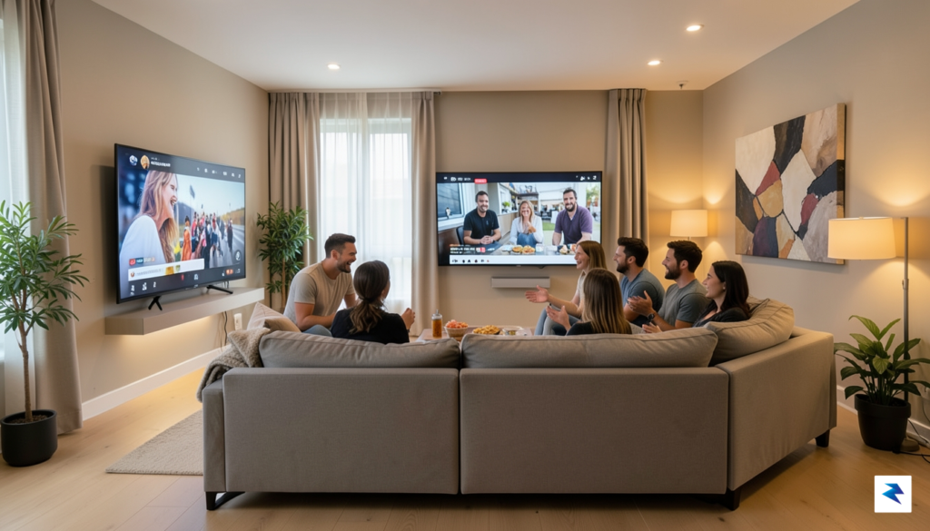 A modern living room setup with a warm, ambient glow,&hellip;