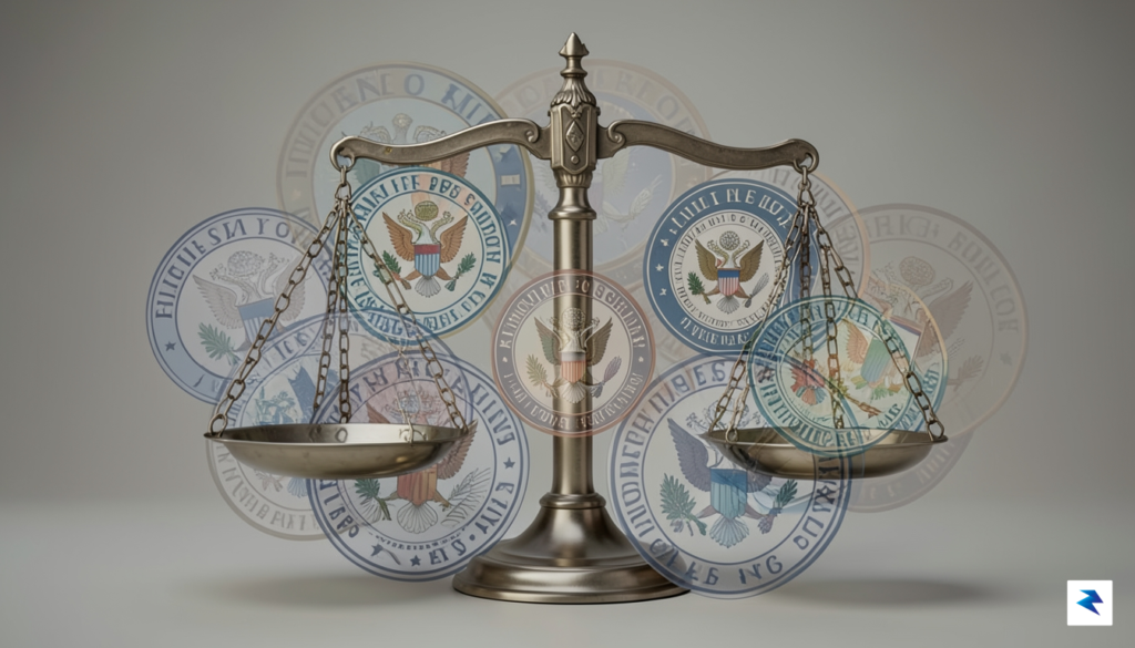 A conceptual illustration showing a set of scales of justice…