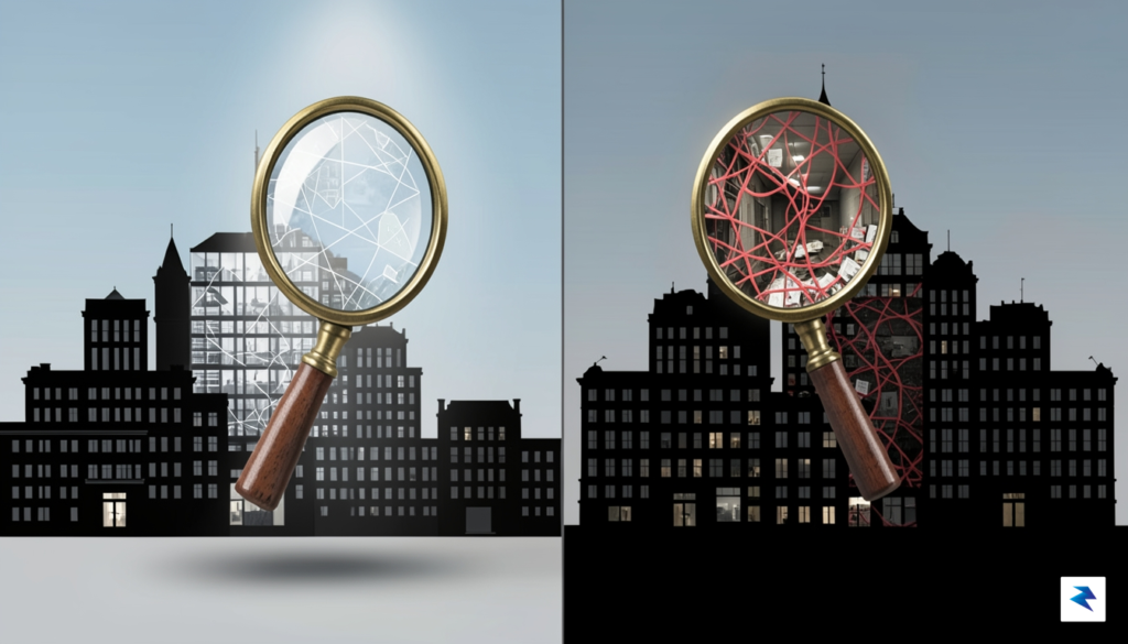 A conceptual digital illustration showing a magnifying glass hovering over…